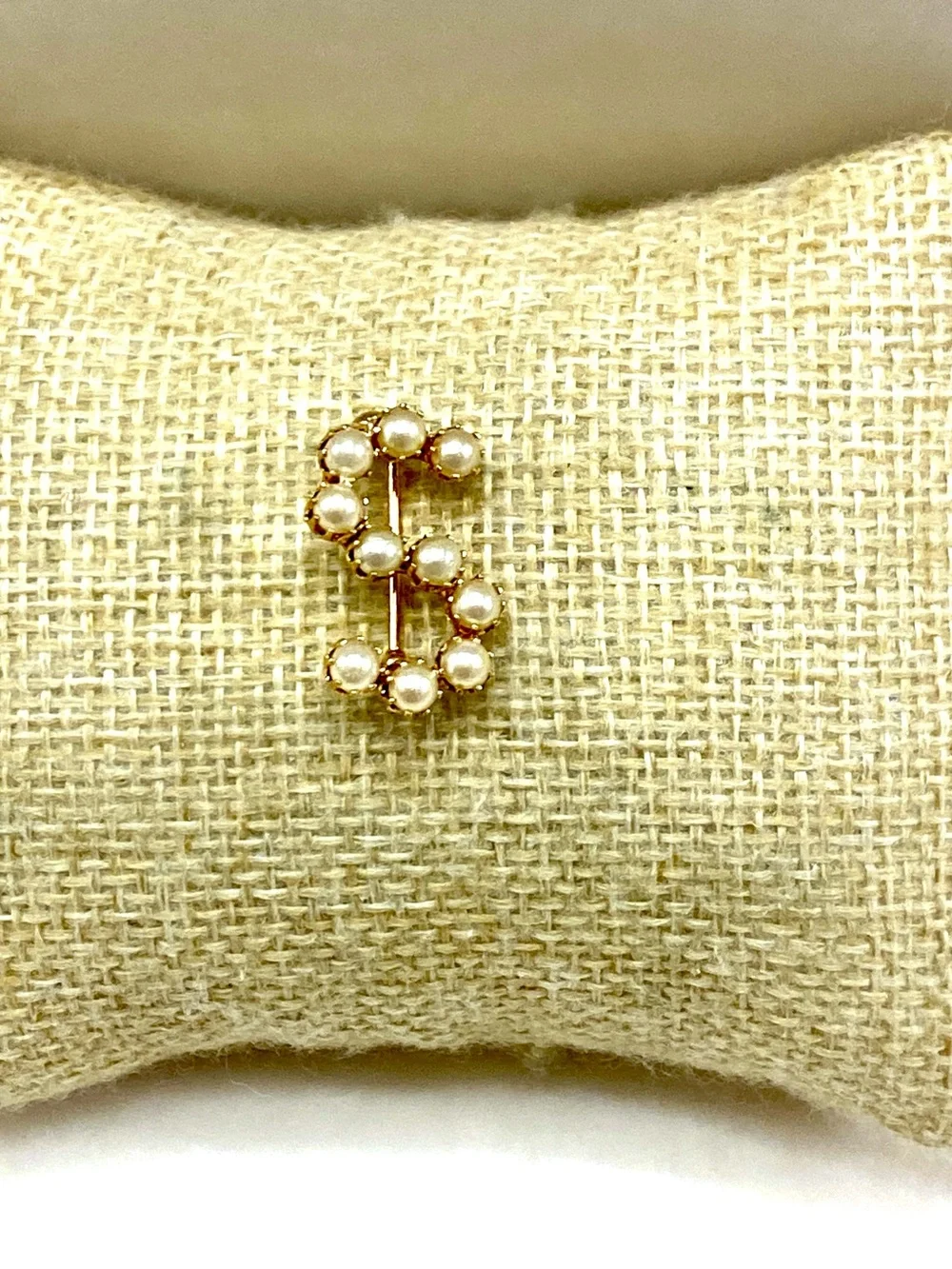 Vintage Pearl-Embellished Gold Letter S Brooch